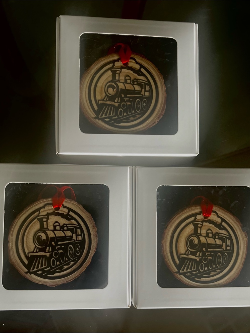 Wooden Train Ornament - Natural with Red Ribbon